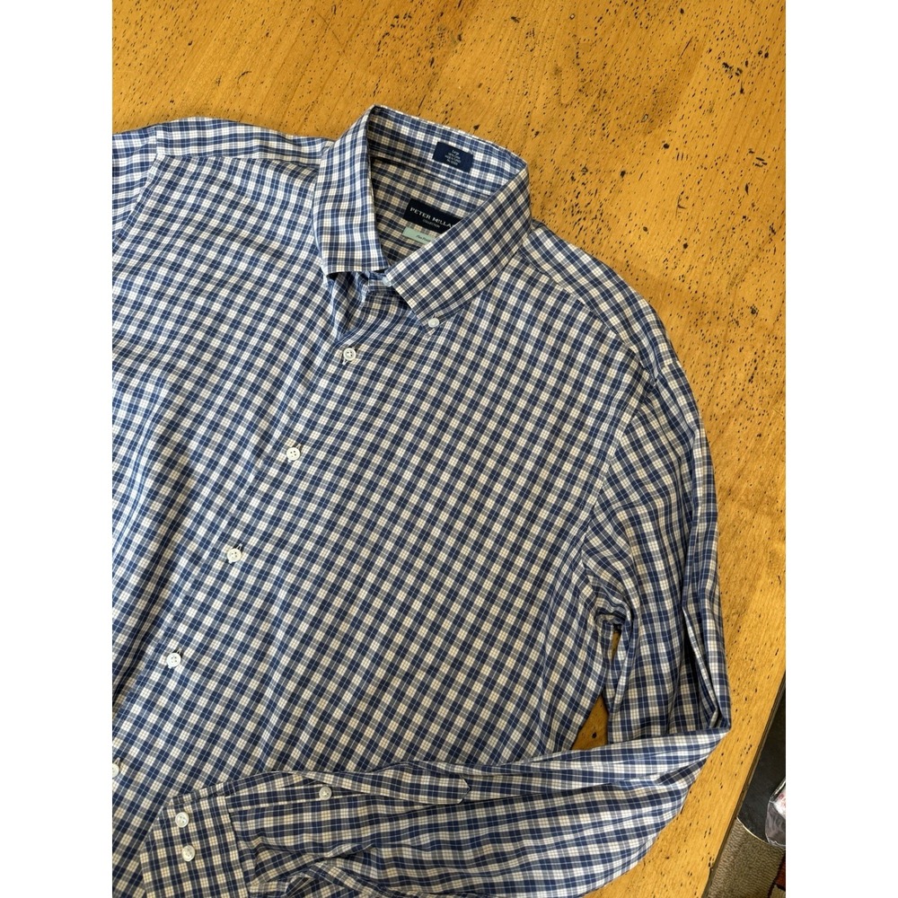 Peter Millar Collection Button Down Shirt Flex Finish Plaid Large Blue Brown